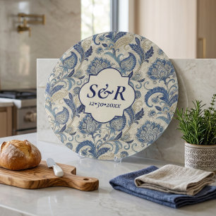 Monogram Blue & Cream Damask Floral Wedding Cutting Board