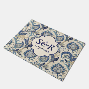 Monogram Blue & Cream Damask Floral Wedding Doormat