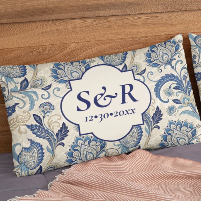 Monogram Blue & Cream Damask Floral Wedding Pillowcase (Creator Uploaded)