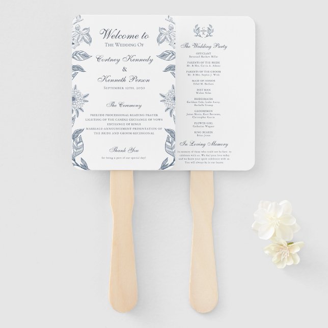  Monogram Blue Crest French Toile Wedding Program  Hand Fan (Front and Back)