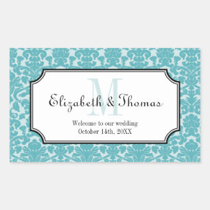 Monogram blue damask frame out of town gift bag rectangular sticker