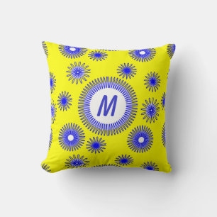 Monogram Blue Digital Flower Pattern Cushion