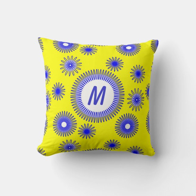 Monogram Blue Digital Flower Pattern Cushion (Front)