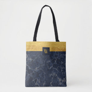 Monogram Blue Faux Marble & Gold Texture Pattern Tote Bag