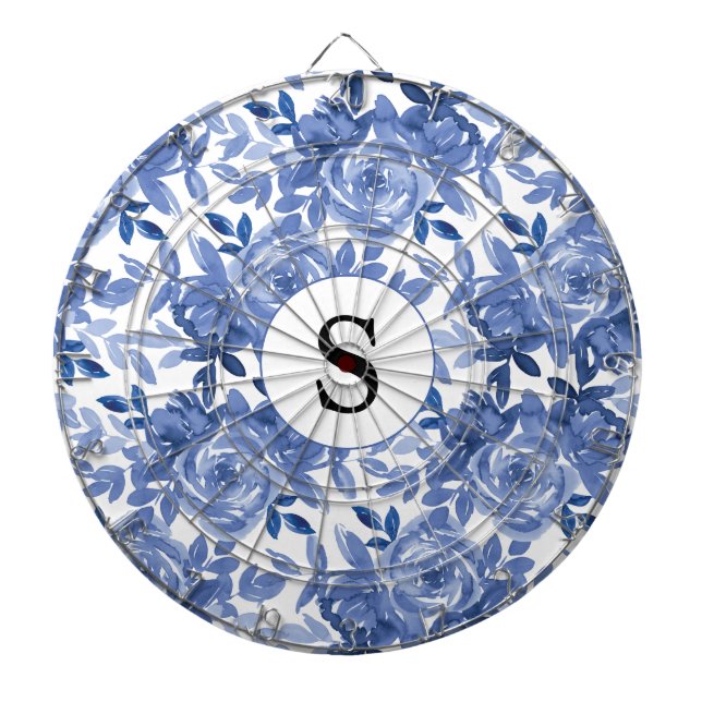 Monogram Blue Floral Botanical Pattern Dartboard (Front)