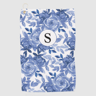 Monogram Blue Floral Botanical Pattern  Golf Towel