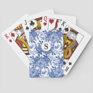 Monogram Blue Floral Botanical  Playing Cards