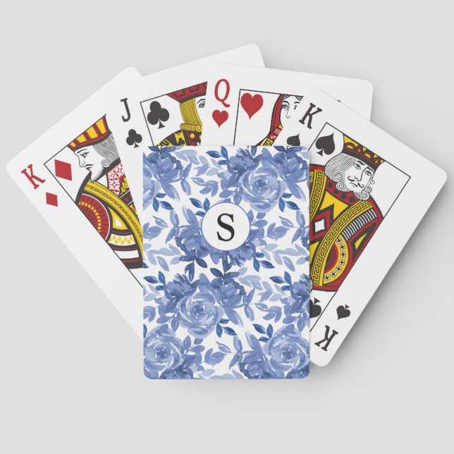 Monogram Blue Floral Botanical  Playing Cards (Back)