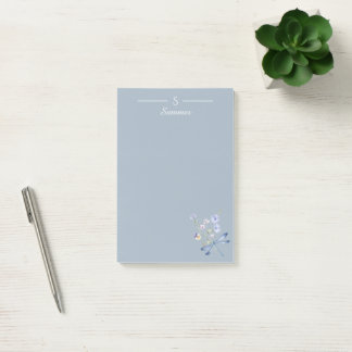 Monogram Blue Floral Dragonfly Botanical Cottage Post-it Notes