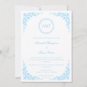 Monogram Blue Floral Elegant Wedding Invitation