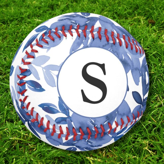 Monogram Blue Floral Pattern Botanical  Baseball (Creator Uploaded)