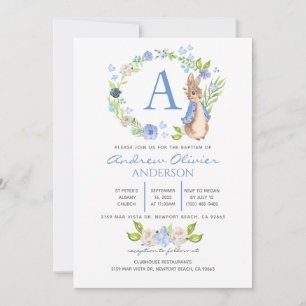 Monogram Blue Floral Peter Rabbit Baptism Boy   Invitation
