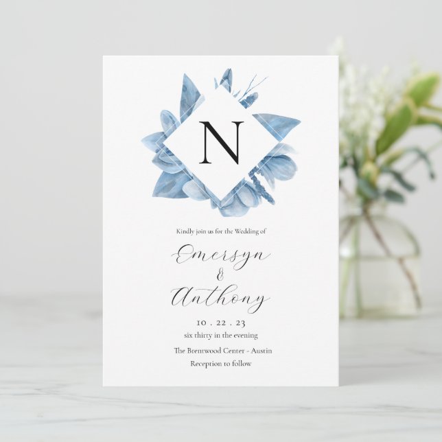 Monogram Blue Floral Watercolor Wedding Invitation (Standing Front)