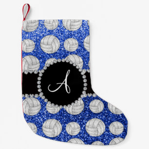 Monogram blue glitter volleyballs black circle small christmas stocking