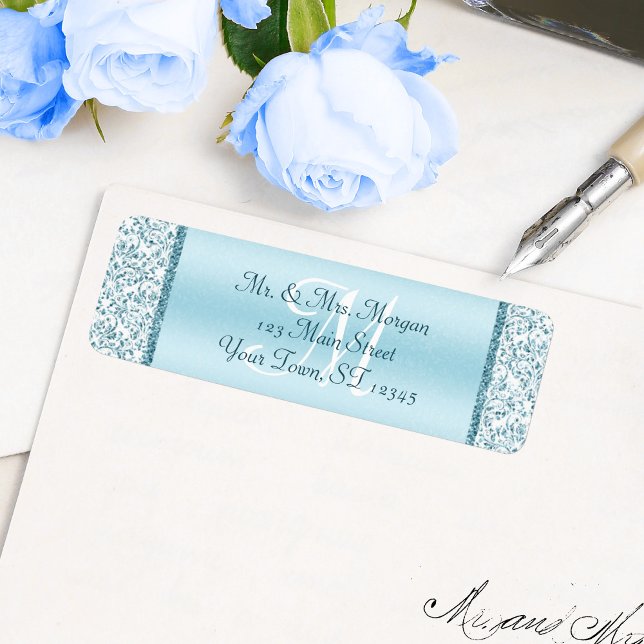 Monogram Blue Glitter Wedding Return Address Return Address Label (Creator Uploaded)