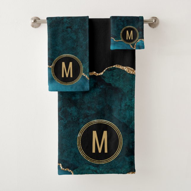 Monogram Blue Gold Agate Bath Towel Set (Insitu)