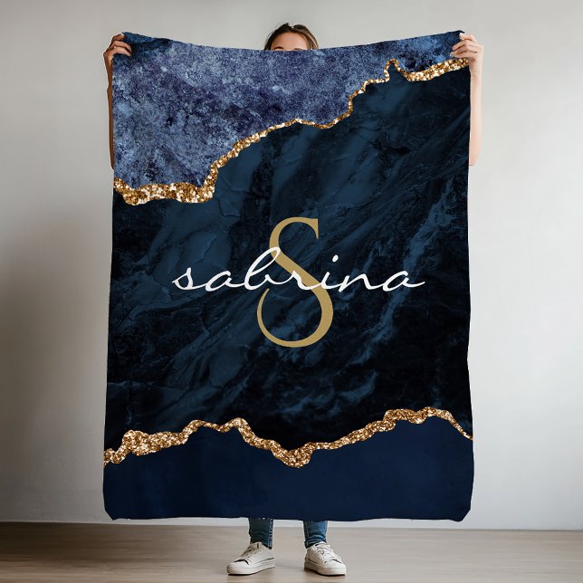 Monogram Blue Gold Agate Geode Fleece Blanket (Creator Uploaded)