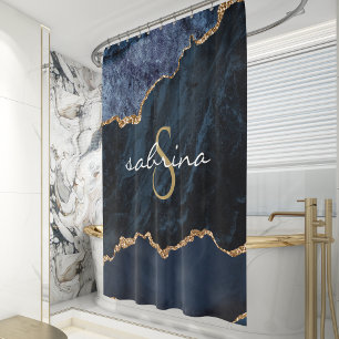 Monogram Blue Gold Agate Geode Shower Curtain