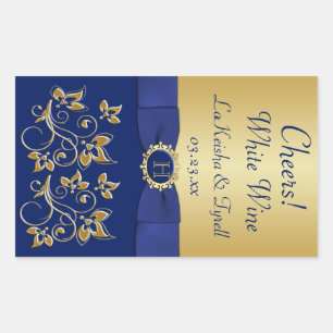 Monogram Blue, Gold Floral Wine Label Sticker