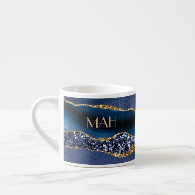 Monogram Blue Gold Glitter Agate Marble Expresso  Espresso Cup (Left)
