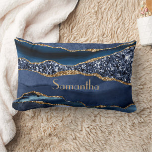 Monogram Blue Gold Glitter Agate Marble Glam Bling Lumbar Cushion