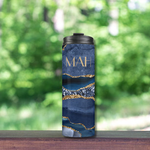 Monogram Blue Gold Glitter Agate Marble Trendy  Thermal Tumbler