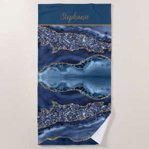 Monogram Blue Gold Glitter Agate Pattern Trendy Beach Towel