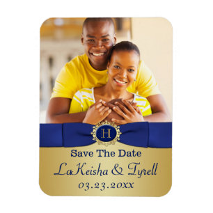 Monogram Blue, Gold Save the Date Photo Magnet