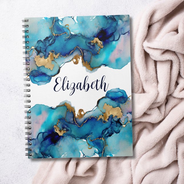 Monogram Blue Gold Wash Splash Watercolor Abstract Notebook (Monogram Name blue gold alcohol ink watercolor wash notebook journal)