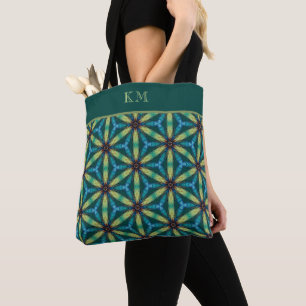 Monogram Blue Green Abstract Floral Chic Girly Tote Bag
