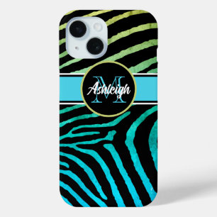 Monogram Blue, Green, Black Zebra Stripes iPhone 15 Case