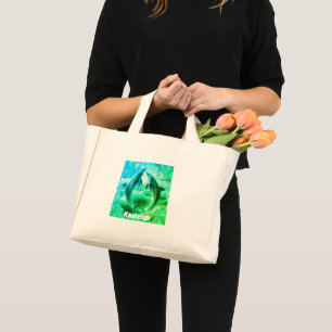 Monogram Blue & Green Dolphins Ocean Mini Tote Bag