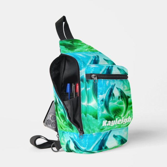 Monogram Blue & Green Dolphins Ocean | Sling Bag (Open)