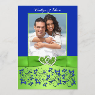 Monogram Blue, Green Floral PHOTO Wedding Invite