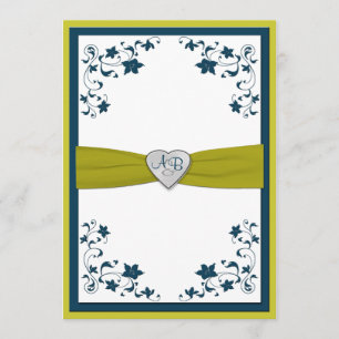 Monogram Blue, Green Floral Wedding Invitation