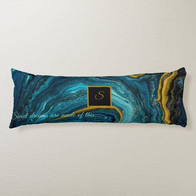 Monogram Blue Green Gold Abstract Marble Body Cushion (Front)
