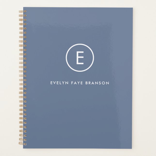 Monogram Blue Grey Minimalist Simple Initial Name Planner (Front)