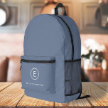 Monogram Blue Grey Minimalist Simple Initial Name Printed Backpack<br><div class="desc">A simple monogram with modern typography in white on a blue grey background. The design features a single initial monogram with a minimalist round circle border. The text can easily be customised to suit your needs for the perfectly custom gift or stationery accessory!</div>
