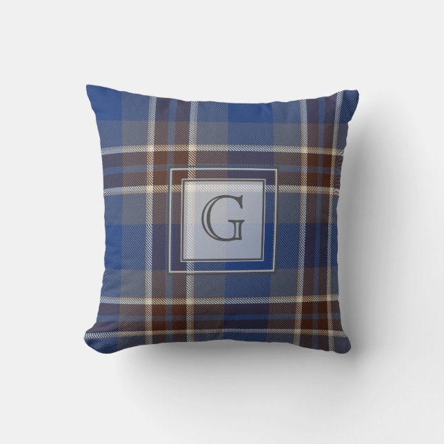 Monogram Blue Grey Tartan Gifts For Men Customised Cushion (Front)