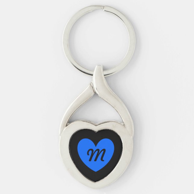 Monogram Blue heart on black Key Ring (Front)