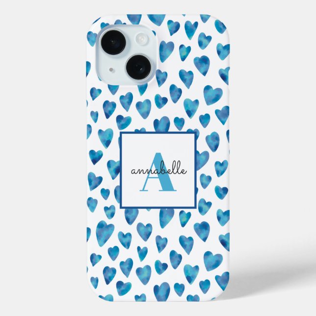 Monogram Blue Heart Watercolor Case-Mate iPhone Case (Back)