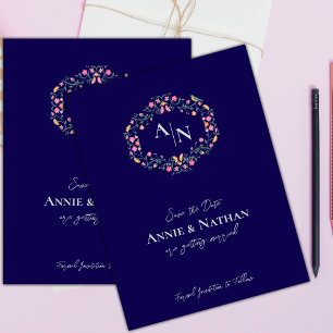 Monogram Blue Intricate Floral Frame Wedding Announcement Postcard