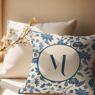Monogram Blue Ivory Chinoiserie Floral Pattern Cushion