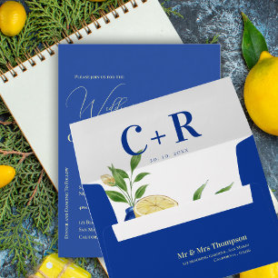 Monogram Blue Lemon Floral Mediterranean Wedding Envelope