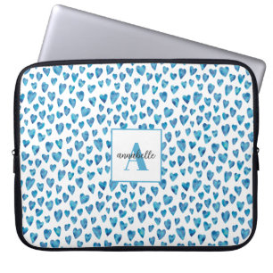 Monogram blue love heart watercolor pattern Named Laptop Sleeve