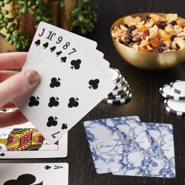 Monogram Blue Marble Design Playing Cards (In Situ)