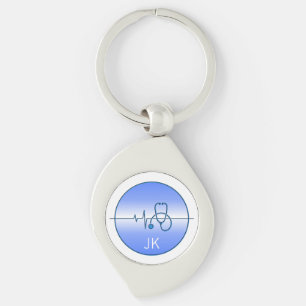 Monogram Blue Medical Stethoscope Heartbeat Key Ring
