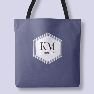Monogram Blue Modern Elegant Simple Custom Name Tote Bag