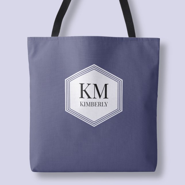 Monogram Blue Modern Elegant Simple Custom Name Tote Bag (Monogram Blue Modern Elegant Simple Custom Name Tote Bag)