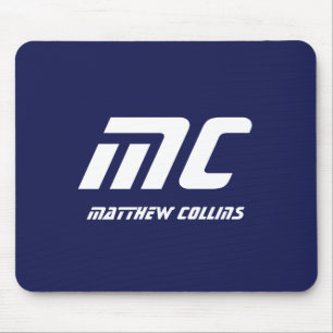 Monogram Blue Modern Minimalist Name White Simple Mouse Pad